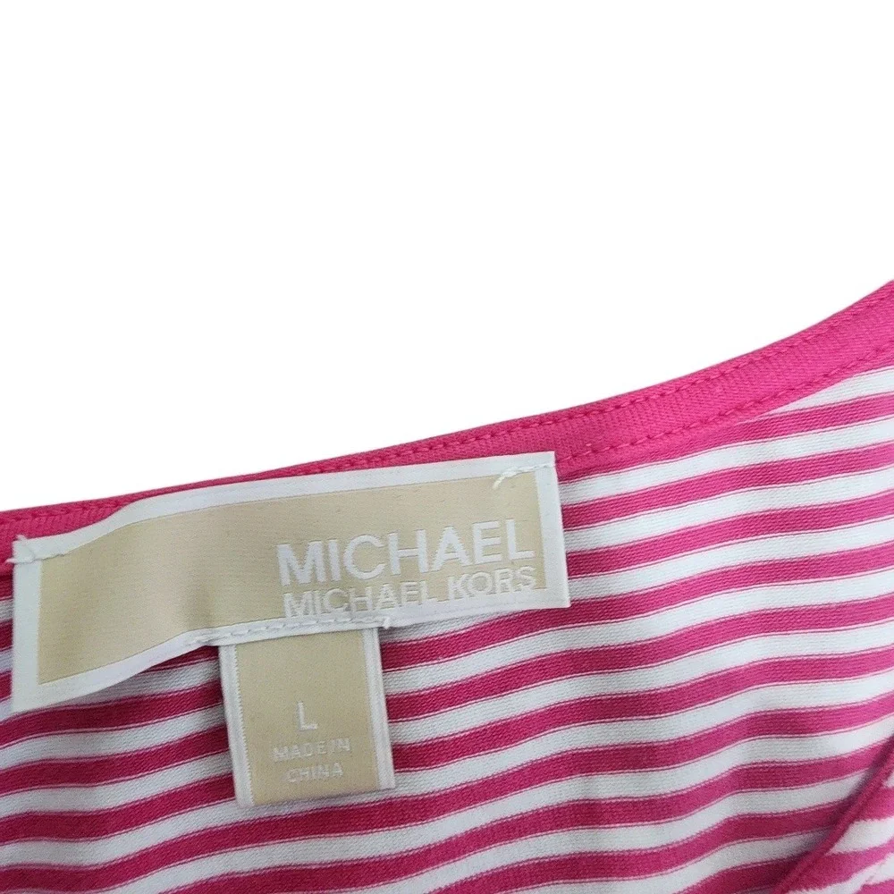Michael‎ Kors Pink White Striped Cold Shoulder Ruffle Top Large MK Logo Charm